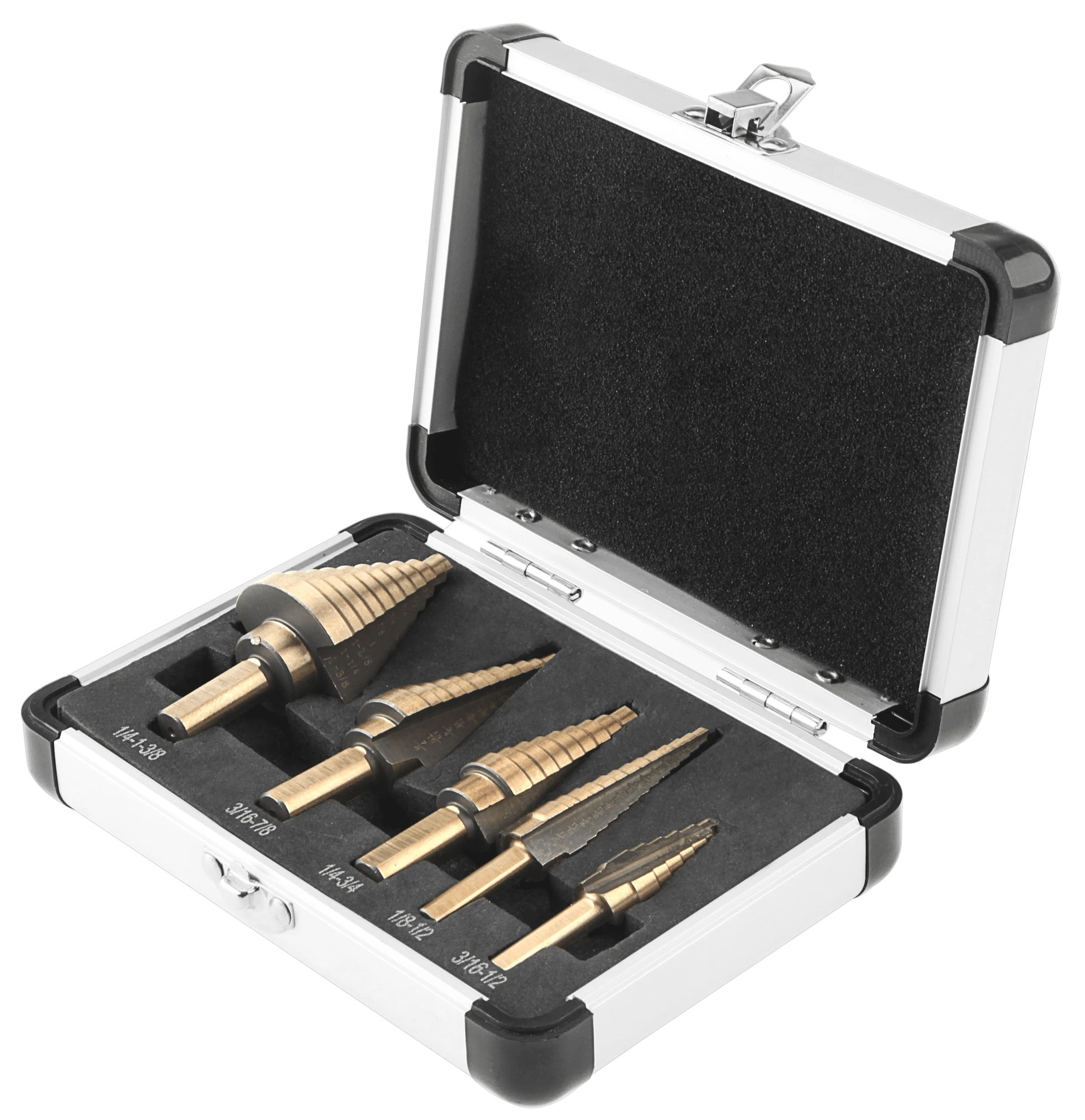 JUEGO DE 5 BROCAS ESCALONADAS NEGRAS Y DORADAS